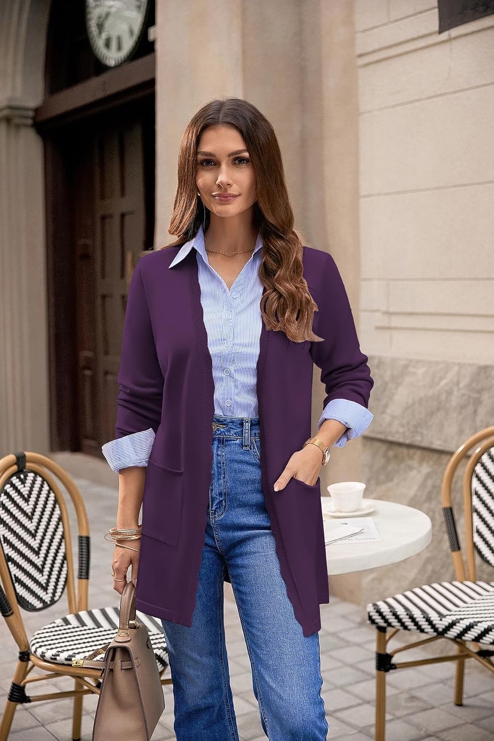 image:imageGRACE KARIN Long Cardigan Sweaters for Women Business Casual Fall Outfits Pockets Scalloped Placket Open Front Long Sleeve Business Casual Outfits Knit Teacher Outfits Lightweight Sweater BlazerPurple