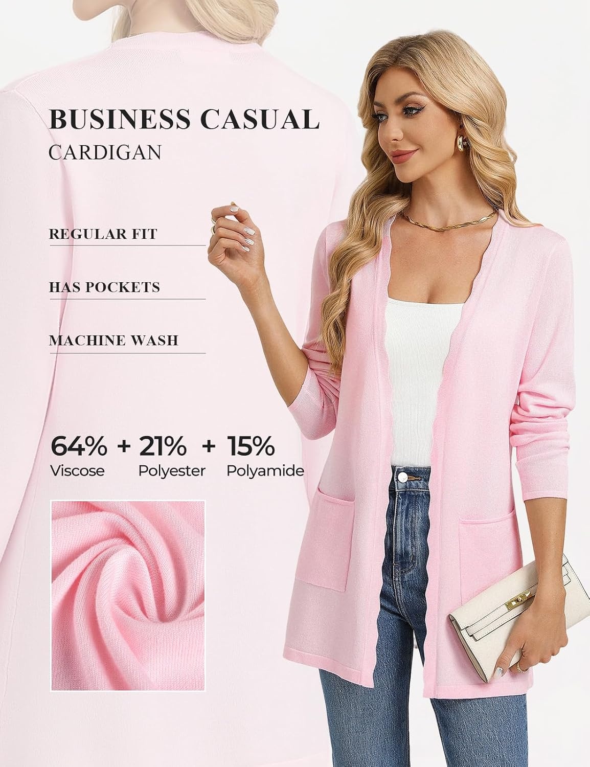 image:imageGRACE KARIN Long Cardigan Sweaters for Women Business Casual Fall Outfits Pockets Scalloped Placket Open Front Long Sleeve Business Casual Outfits Knit Teacher Outfits Lightweight Sweater BlazerLight Pink