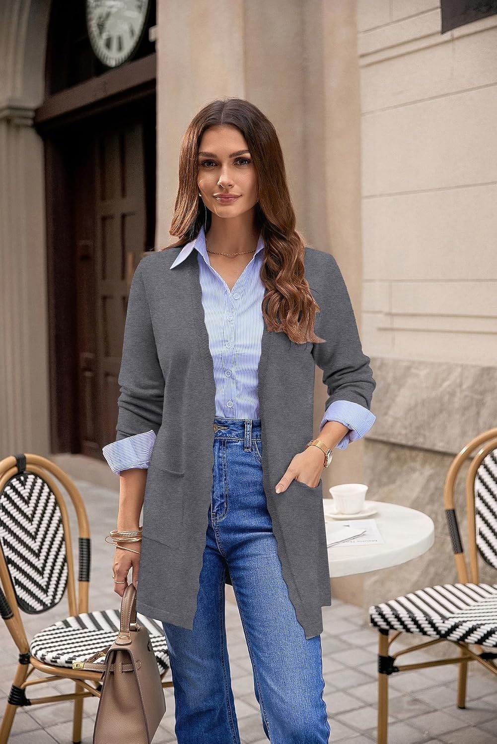 image:imageGRACE KARIN Long Cardigan Sweaters for Women Business Casual Fall Outfits Pockets Scalloped Placket Open Front Long Sleeve Business Casual Outfits Knit Teacher Outfits Lightweight Sweater BlazerDrak Grey
