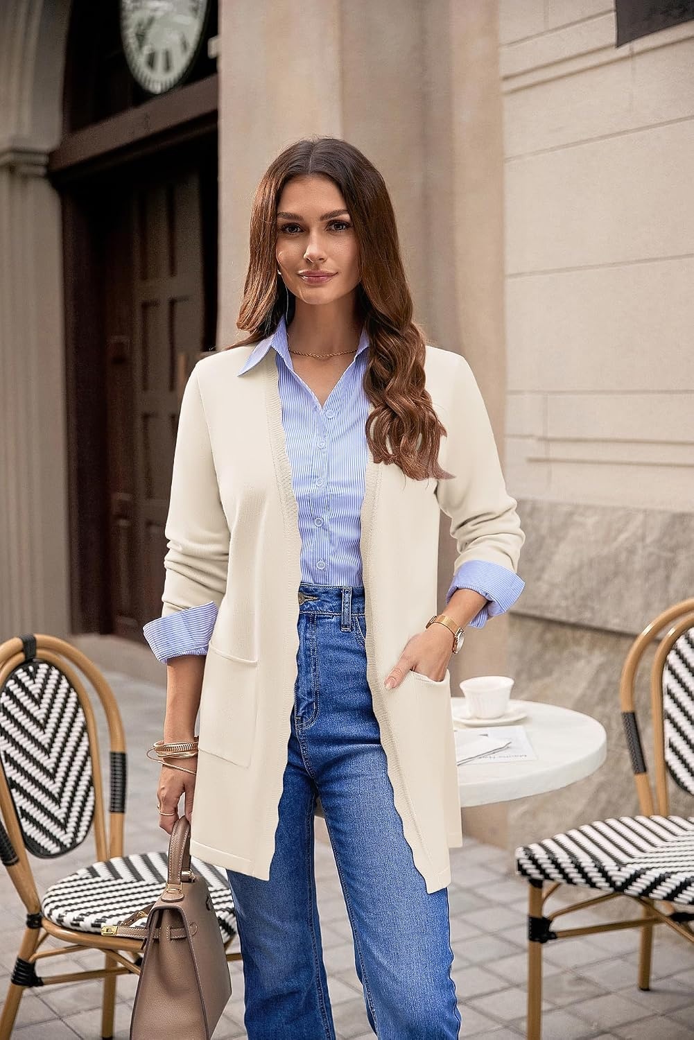 image:imageGRACE KARIN Long Cardigan Sweaters for Women Business Casual Fall Outfits Pockets Scalloped Placket Open Front Long Sleeve Business Casual Outfits Knit Teacher Outfits Lightweight Sweater BlazerBeige