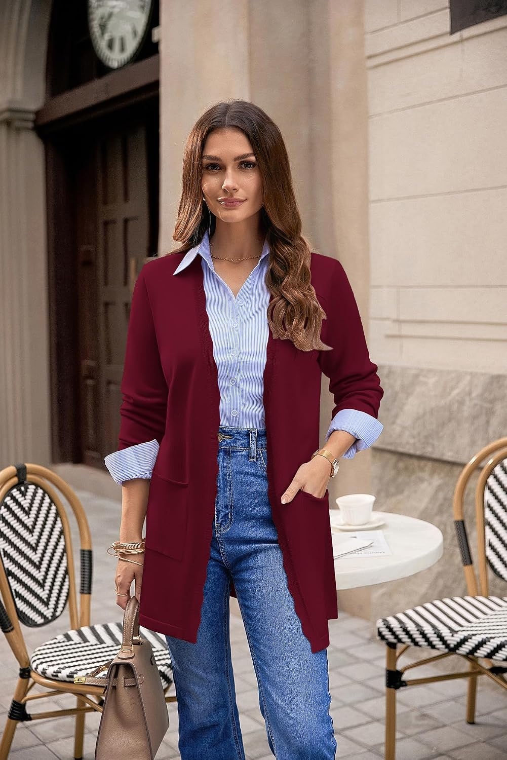 image:imageGRACE KARIN Long Cardigan Sweaters for Women Business Casual Fall Outfits Pockets Scalloped Placket Open Front Long Sleeve Business Casual Outfits Knit Teacher Outfits Lightweight Sweater BlazerWine Red