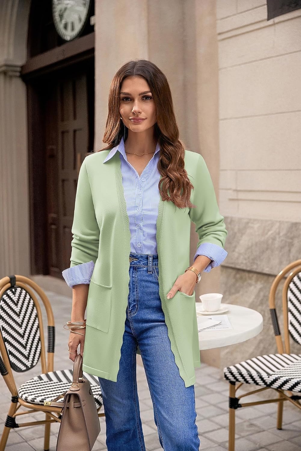 image:imageGRACE KARIN Long Cardigan Sweaters for Women Business Casual Fall Outfits Pockets Scalloped Placket Open Front Long Sleeve Business Casual Outfits Knit Teacher Outfits Lightweight Sweater BlazerLight Green