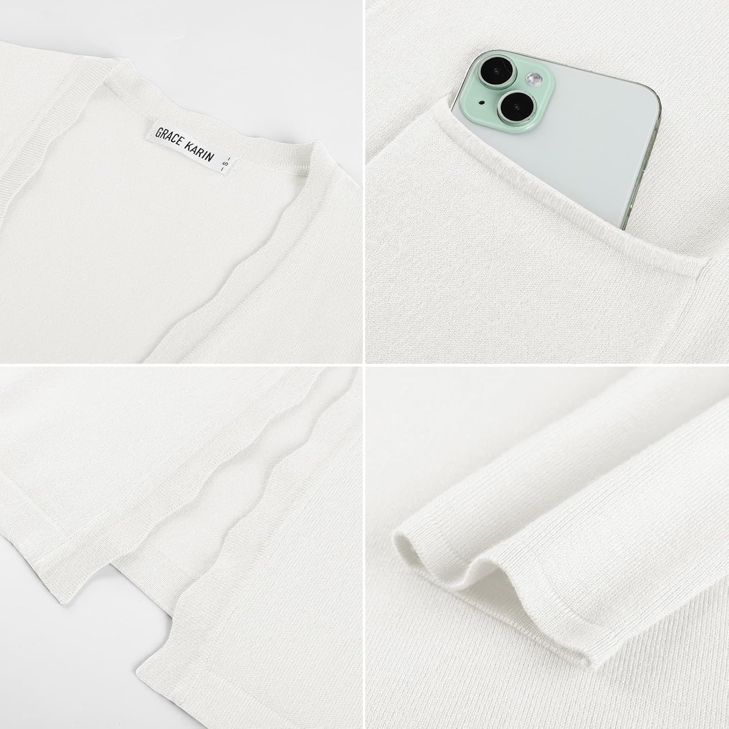 image:imageGRACE KARIN Long Cardigan Sweaters for Women Business Casual Fall Outfits Pockets Scalloped Placket Open Front Long Sleeve Business Casual Outfits Knit Teacher Outfits Lightweight Sweater BlazerIvory White