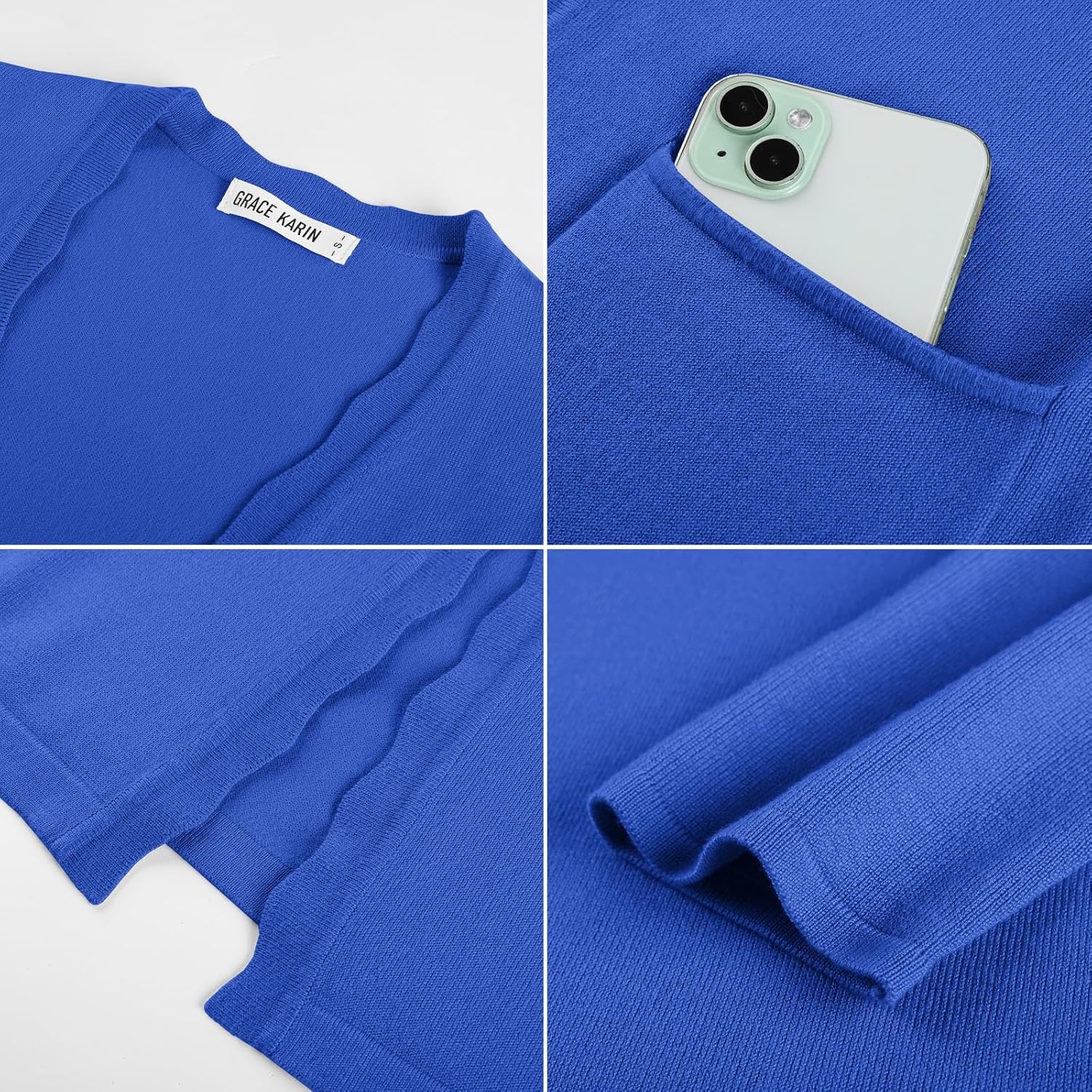 image:imageGRACE KARIN Long Cardigan Sweaters for Women Business Casual Fall Outfits Pockets Scalloped Placket Open Front Long Sleeve Business Casual Outfits Knit Teacher Outfits Lightweight Sweater BlazerRoyal Blue