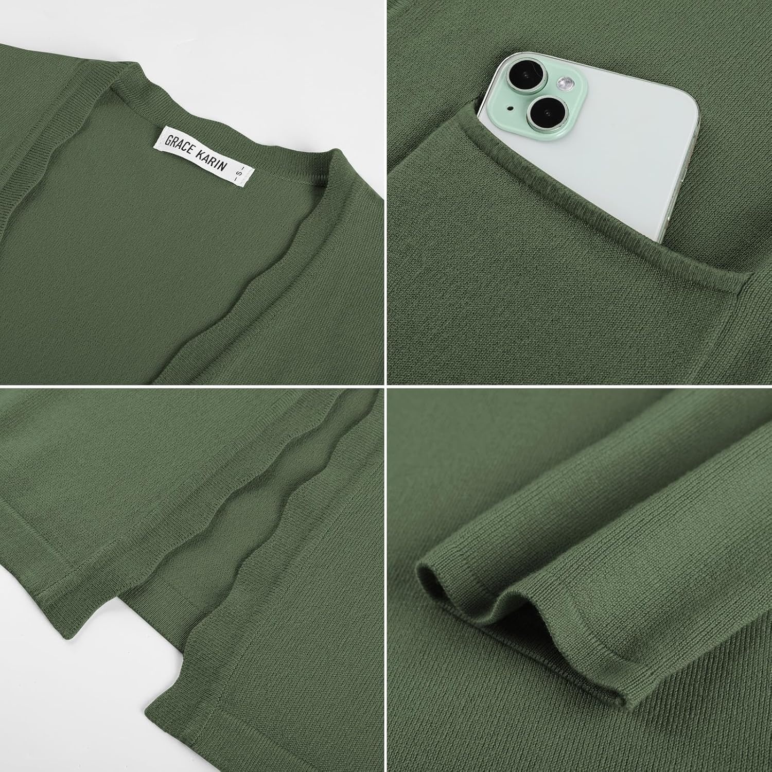 image:imageGRACE KARIN Long Cardigan Sweaters for Women Business Casual Fall Outfits Pockets Scalloped Placket Open Front Long Sleeve Business Casual Outfits Knit Teacher Outfits Lightweight Sweater BlazerArmy Green