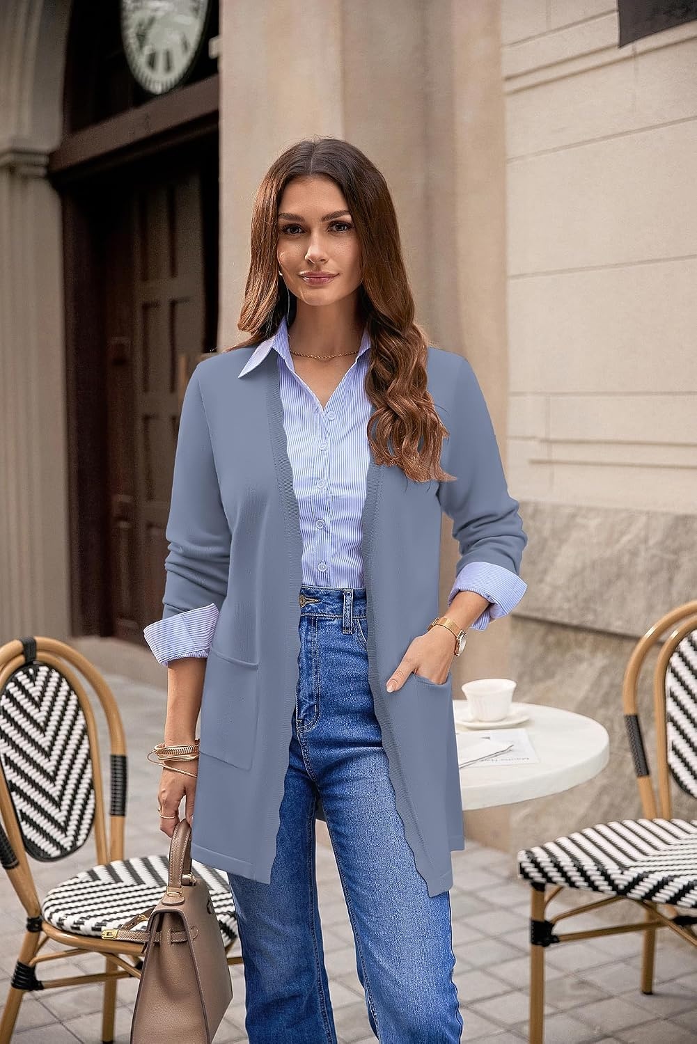 image:imageGRACE KARIN Long Cardigan Sweaters for Women Business Casual Fall Outfits Pockets Scalloped Placket Open Front Long Sleeve Business Casual Outfits Knit Teacher Outfits Lightweight Sweater BlazerGrey Blue