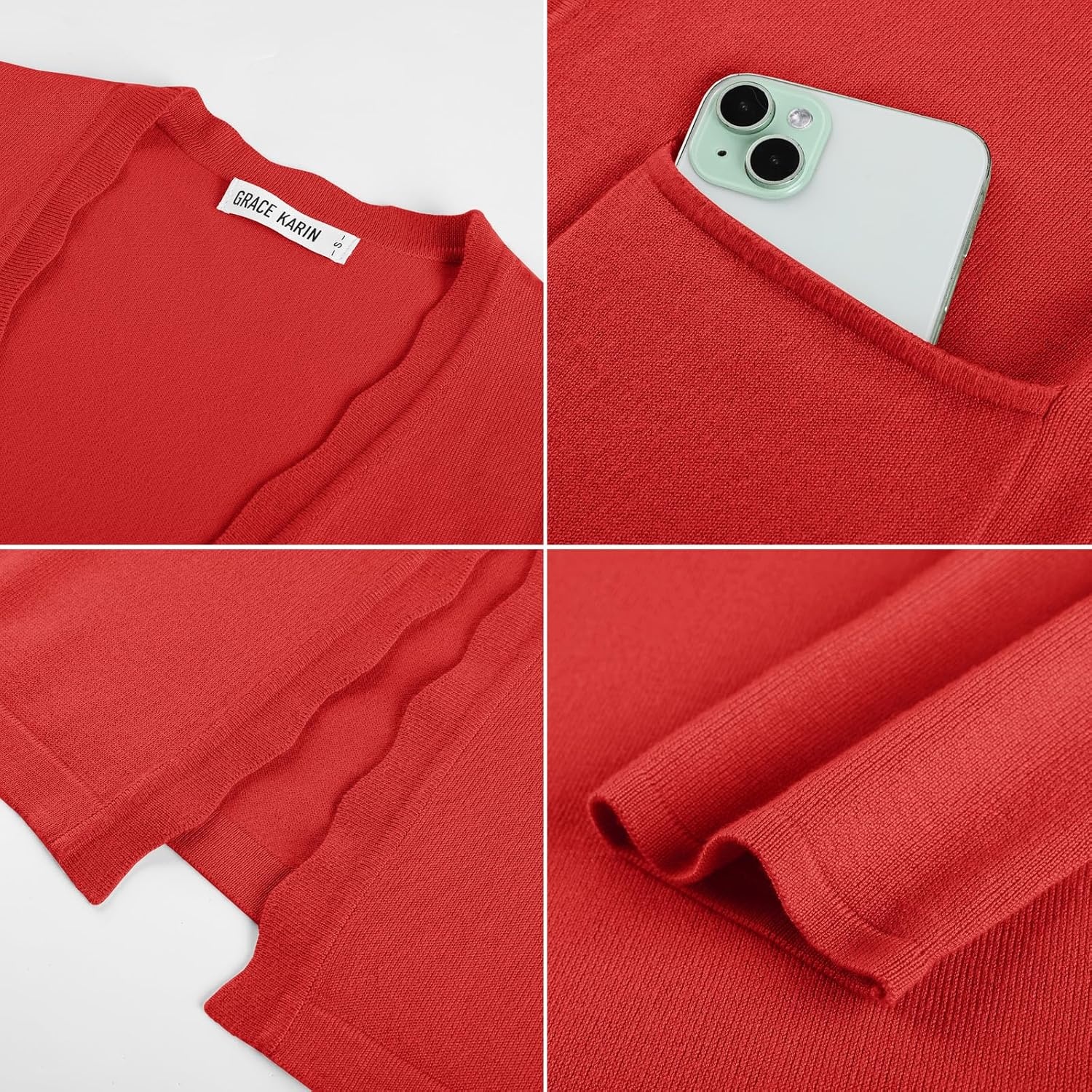 image:imageGRACE KARIN Long Cardigan Sweaters for Women Business Casual Fall Outfits Pockets Scalloped Placket Open Front Long Sleeve Business Casual Outfits Knit Teacher Outfits Lightweight Sweater BlazerRed