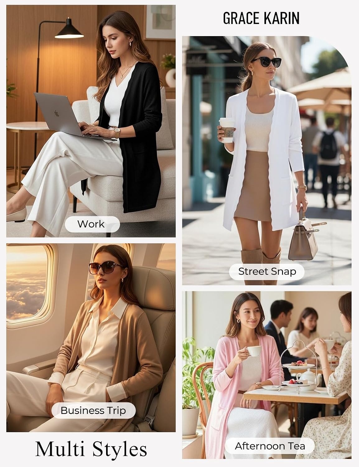 image:imageGRACE KARIN Long Cardigan Sweaters for Women Business Casual Fall Outfits Pockets Scalloped Placket Open Front Long Sleeve Business Casual Outfits Knit Teacher Outfits Lightweight Sweater BlazerGrey Blue