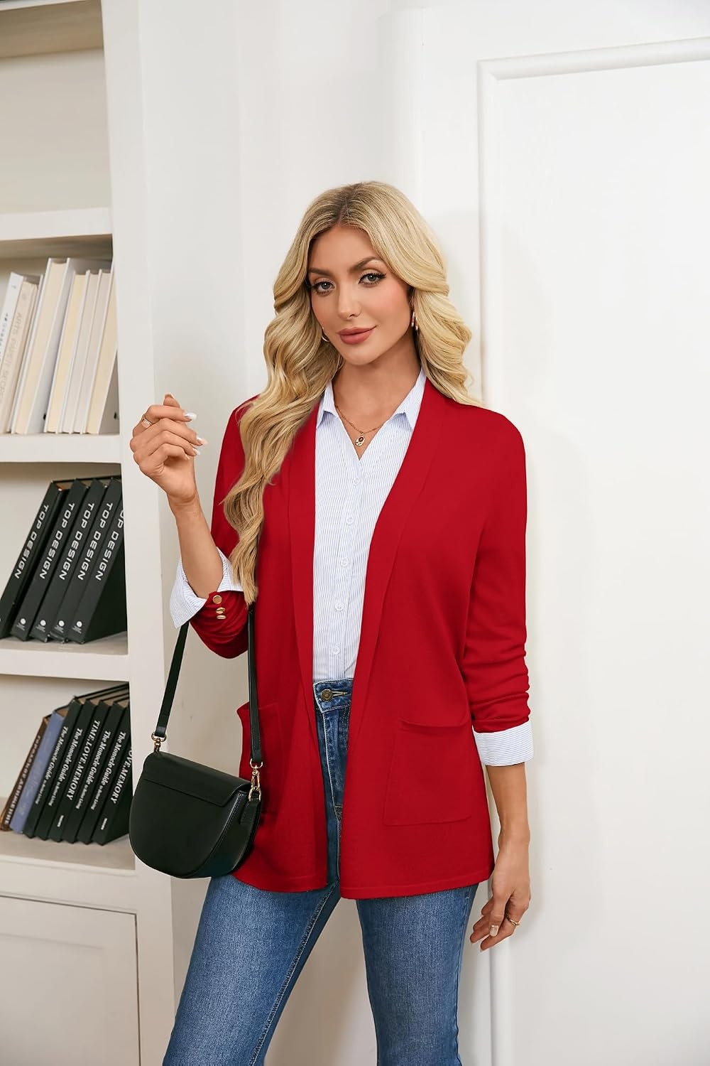 image:imageGRACE KARIN Long Cardigans for Women 2026 Business Casual Fall Fashion Lightweight Long Cardigan with Pockets Business Casual Outfits Soft Kint Lapel Blazer Jacket Early Fall FashionRed
