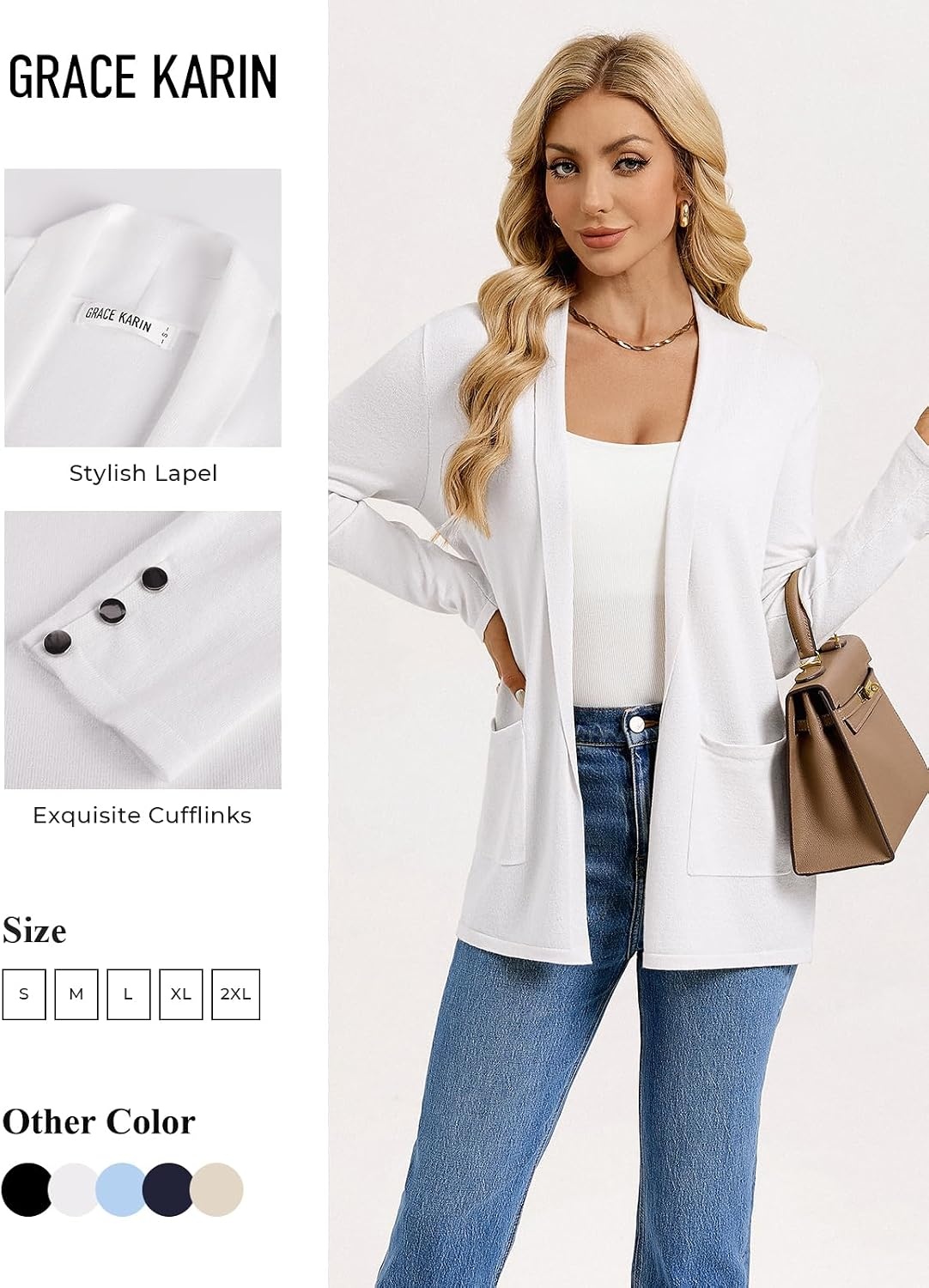image:imageGRACE KARIN Long Cardigans for Women 2026 Business Casual Fall Fashion Lightweight Long Cardigan with Pockets Business Casual Outfits Soft Kint Lapel Blazer Jacket Early Fall FashionWhite
