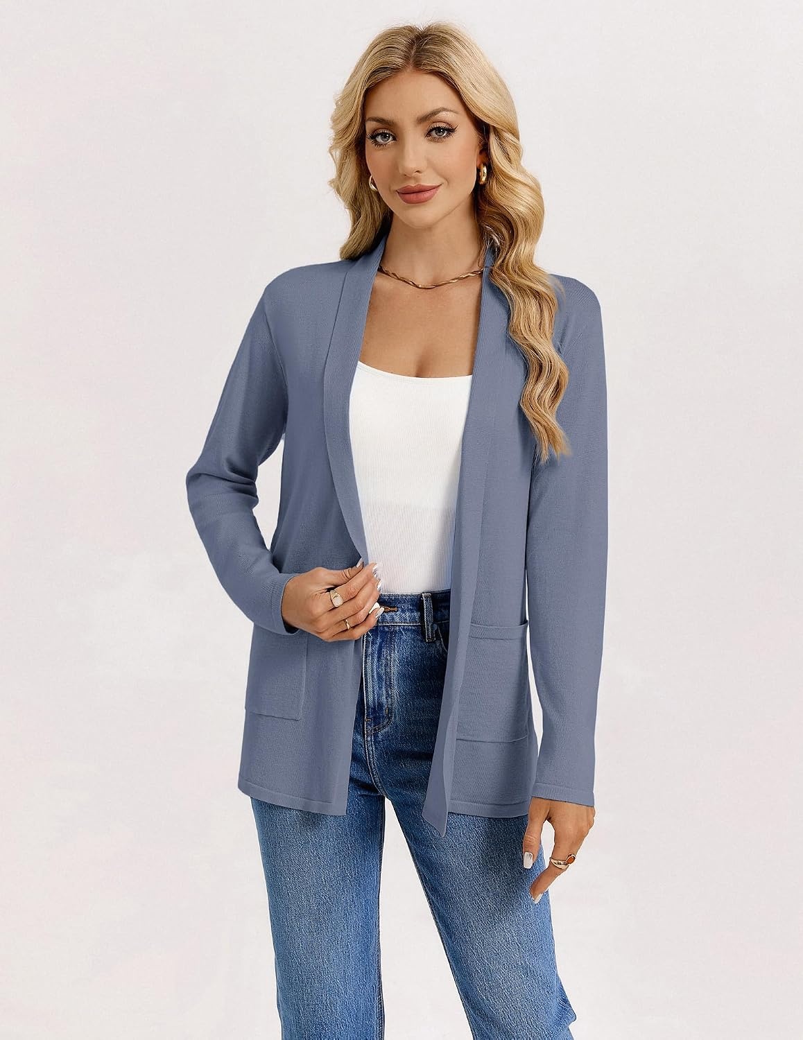 image:imageGRACE KARIN Long Cardigans for Women 2026 Business Casual Fall Fashion Lightweight Long Cardigan with Pockets Business Casual Outfits Soft Kint Lapel Blazer Jacket Early Fall FashionBlue Gray