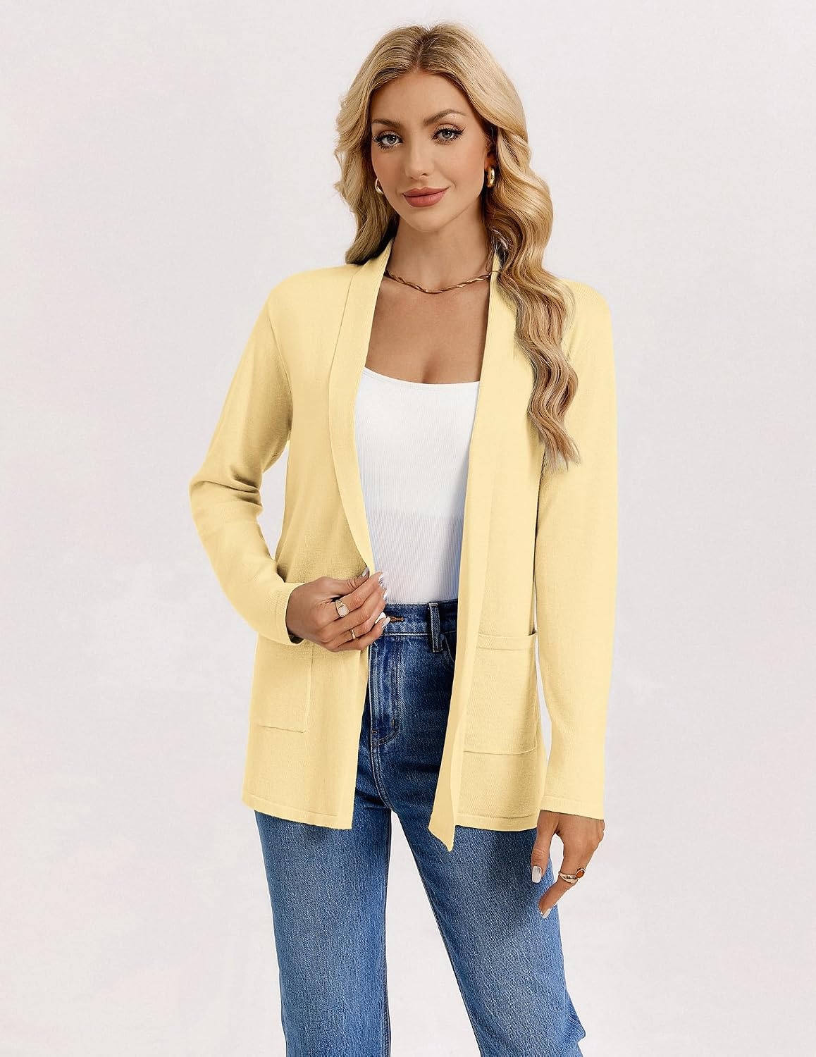 image:imageGRACE KARIN Long Cardigans for Women 2026 Business Casual Fall Fashion Lightweight Long Cardigan with Pockets Business Casual Outfits Soft Kint Lapel Blazer Jacket Early Fall FashionButter Yellow