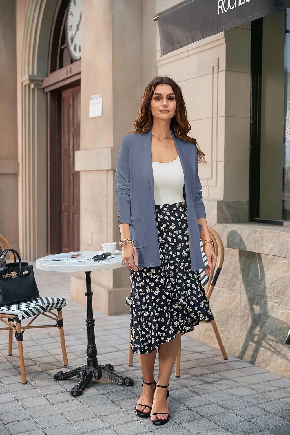 image:imageGRACE KARIN Long Cardigans for Women 2026 Business Casual Fall Fashion Lightweight Long Cardigan with Pockets Business Casual Outfits Soft Kint Lapel Blazer Jacket Early Fall FashionBlue Gray