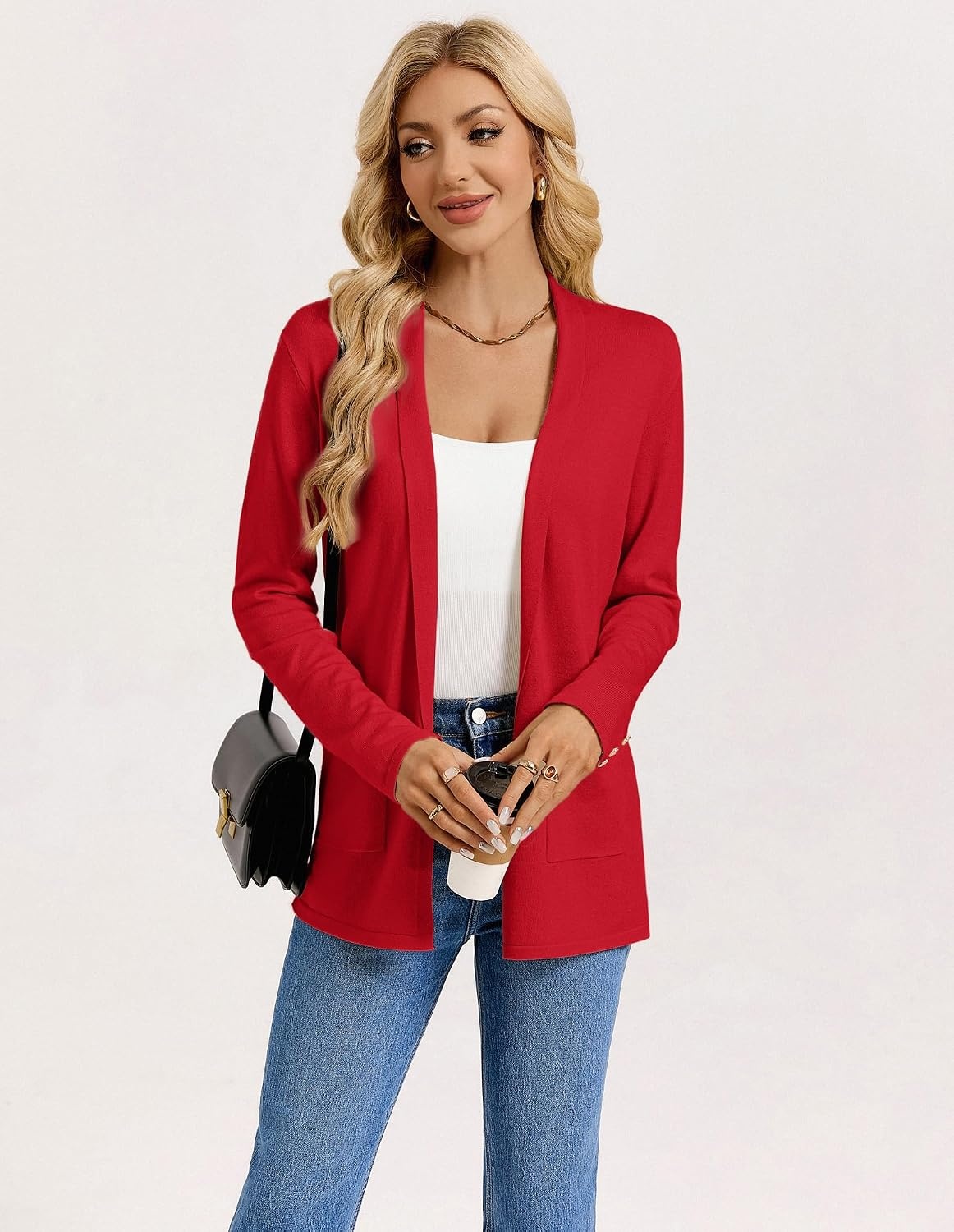 image:imageGRACE KARIN Long Cardigans for Women 2026 Business Casual Fall Fashion Lightweight Long Cardigan with Pockets Business Casual Outfits Soft Kint Lapel Blazer Jacket Early Fall FashionRed