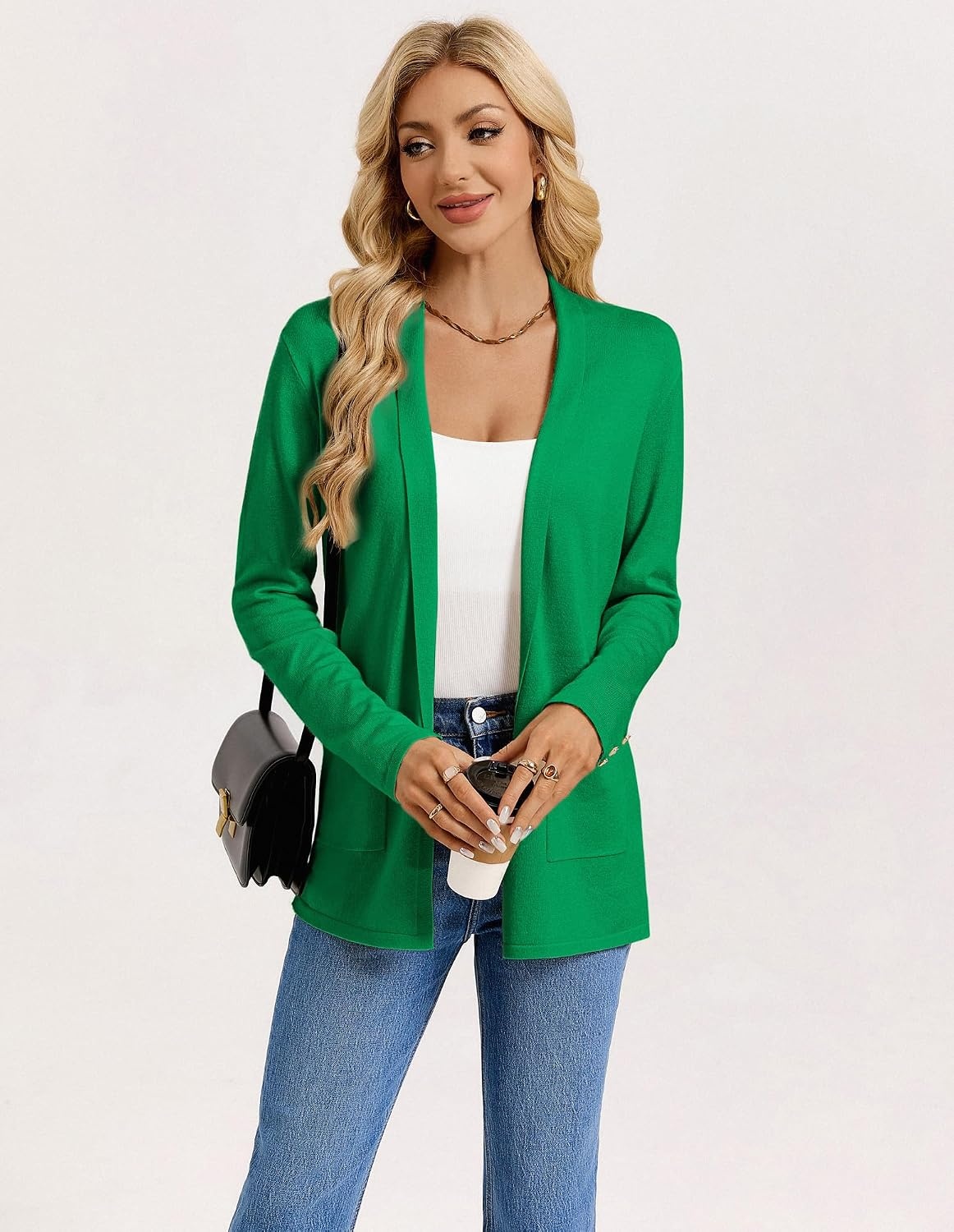image:imageGRACE KARIN Long Cardigans for Women 2026 Business Casual Fall Fashion Lightweight Long Cardigan with Pockets Business Casual Outfits Soft Kint Lapel Blazer Jacket Early Fall FashionBright Green