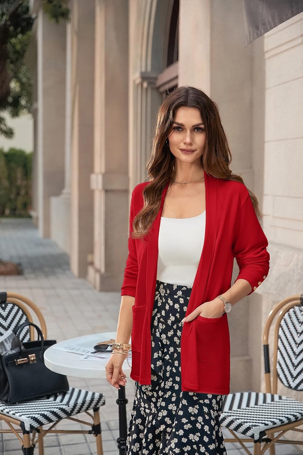 image:imageGRACE KARIN Long Cardigans for Women 2026 Business Casual Fall Fashion Lightweight Long Cardigan with Pockets Business Casual Outfits Soft Kint Lapel Blazer Jacket Early Fall FashionRed