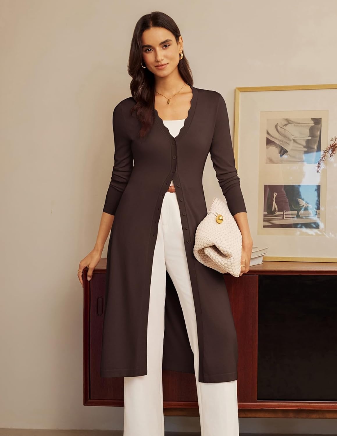 image:imageGRACE KARIN Long Cardigans for Women Button Down Maxi Sweater Dress V Neck Button Up Cute Scalloped Lightweight Long Sleeve Soft Knit Business Casual Outfits 2026 Fall Winter Trendy CoatCoffee