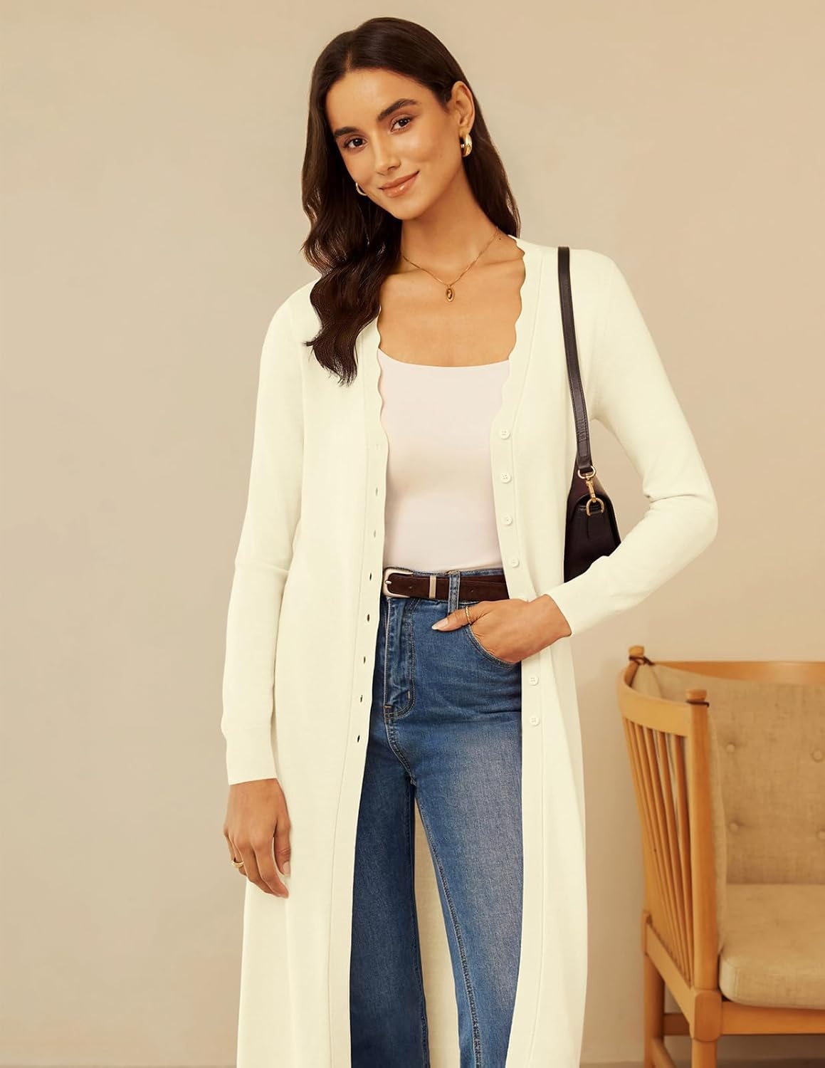 image:imageGRACE KARIN Long Cardigans for Women Button Down Maxi Sweater Dress V Neck Button Up Cute Scalloped Lightweight Long Sleeve Soft Knit Business Casual Outfits 2026 Fall Winter Trendy CoatBeige