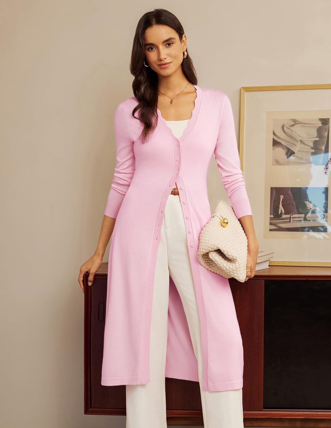 image:imageGRACE KARIN Long Cardigans for Women Button Down Maxi Sweater Dress V Neck Button Up Cute Scalloped Lightweight Long Sleeve Soft Knit Business Casual Outfits 2026 Fall Winter Trendy CoatPink