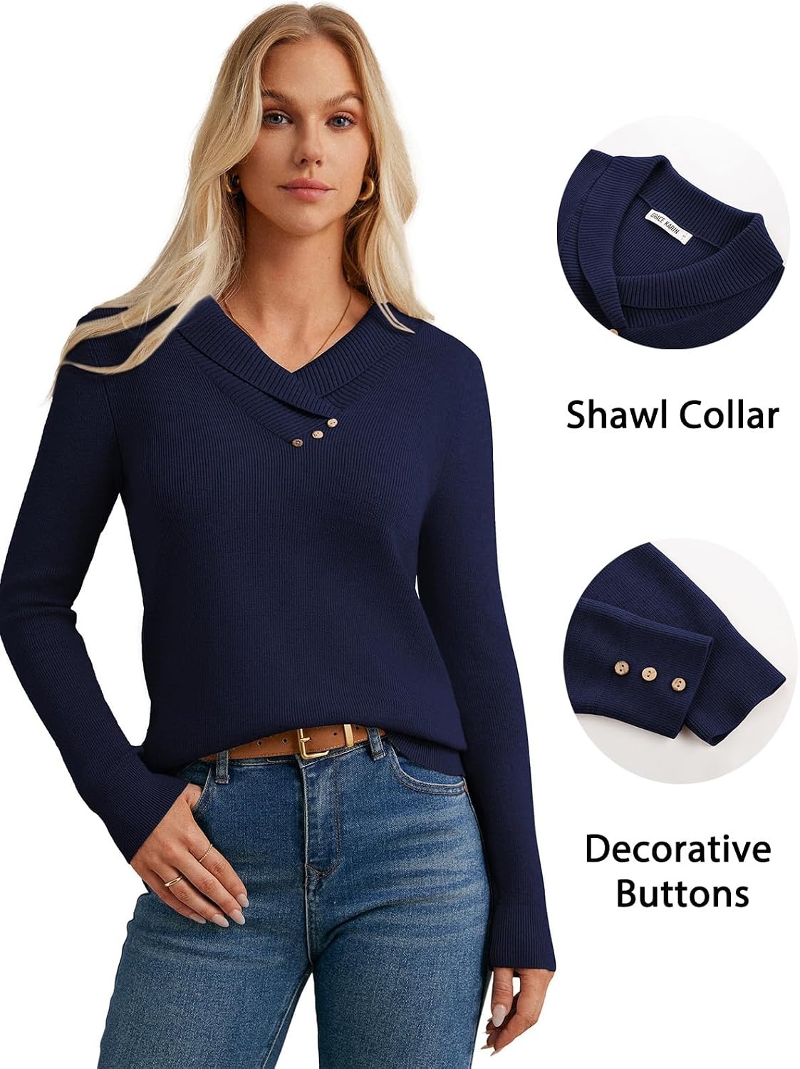 image:imageGRACE KARIN Women Fall Long Sleeve V Neck Collar Knit Pullover Sweaters Fall Fashion Dressy Casual Tops Trendy Business Casual Work Office Cozy Polo Shirts Teacher Outfits ClothesNavy Blue