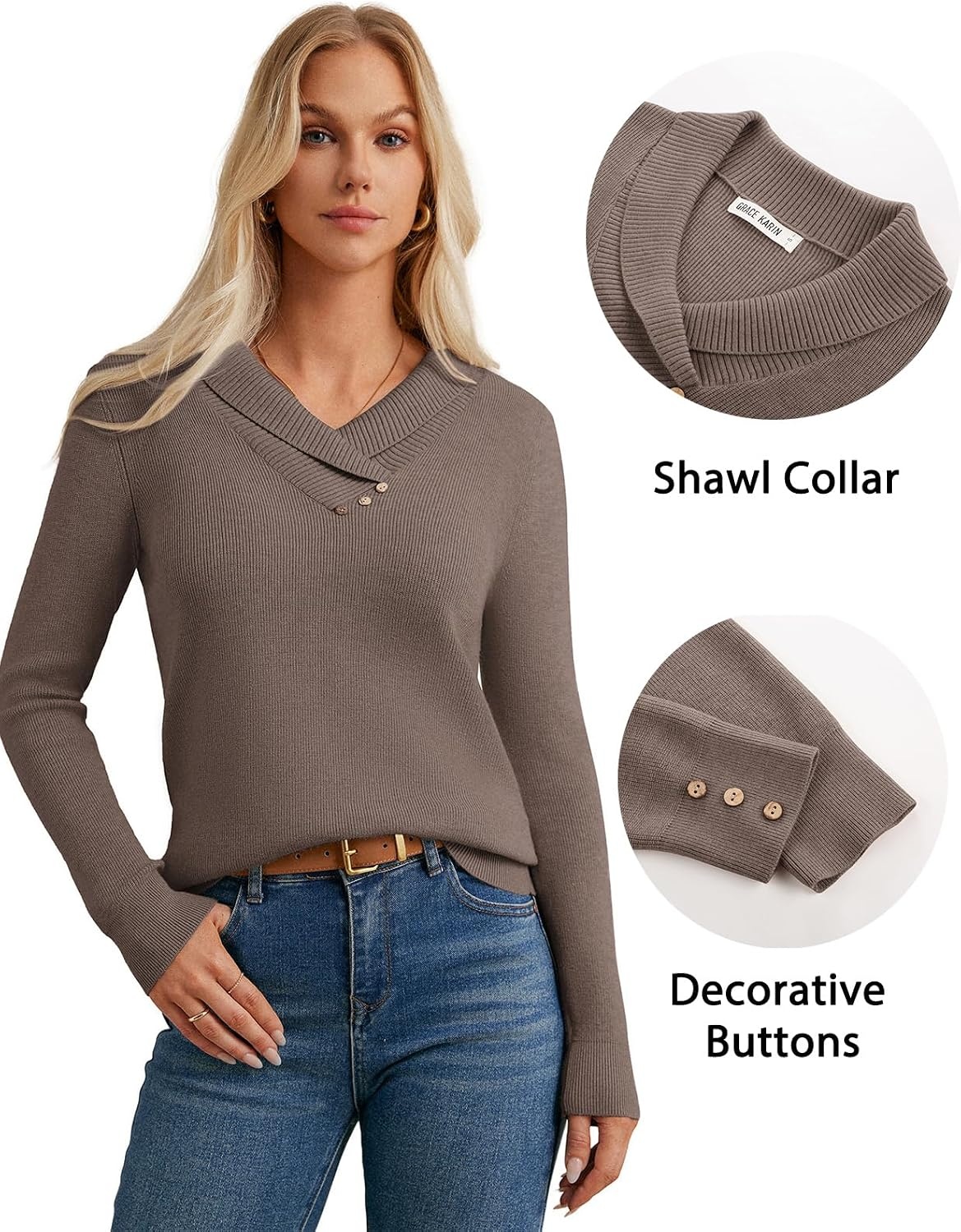 image:imageGRACE KARIN Women Fall Long Sleeve V Neck Collar Knit Pullover Sweaters Fall Fashion Dressy Casual Tops Trendy Business Casual Work Office Cozy Polo Shirts Teacher Outfits ClothesCoffee