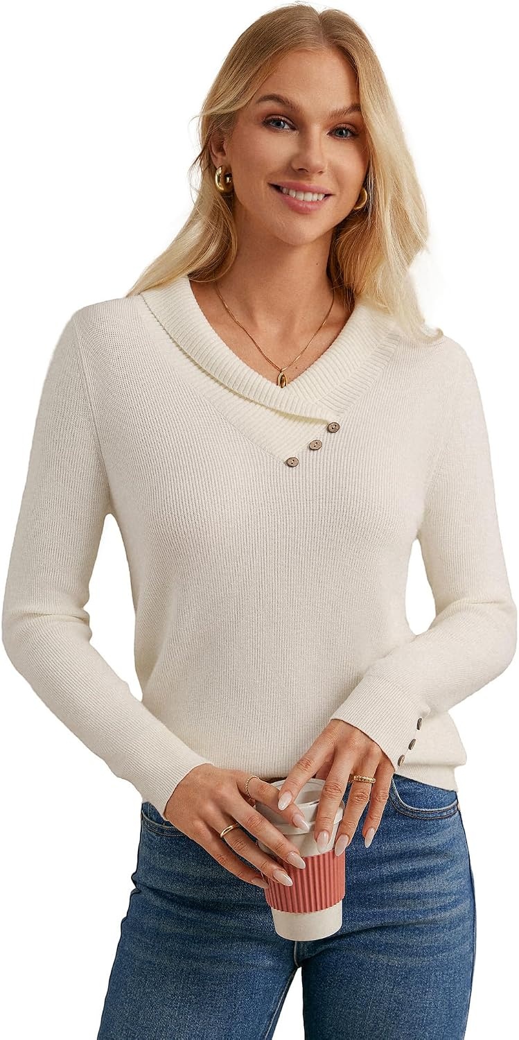 image:imageGRACE KARIN Women Fall Long Sleeve V Neck Collar Knit Pullover Sweaters Fall Fashion Dressy Casual Tops Trendy Business Casual Work Office Cozy Polo Shirts Teacher Outfits ClothesWhite