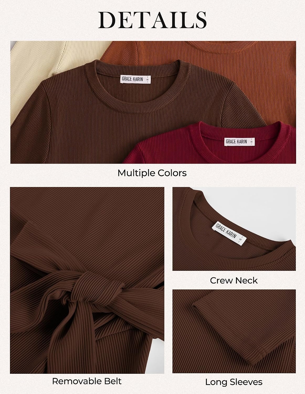 image:imageGRACE KARIN Womens 2026 Fall Long Sleeve Ribbed Mini Dresses with Belt Sweater Dresses For WinterBusiness Casual WorkTeacher OutfitsAlineShort LengthCrew NeckStretchy Soft KnitCoffee