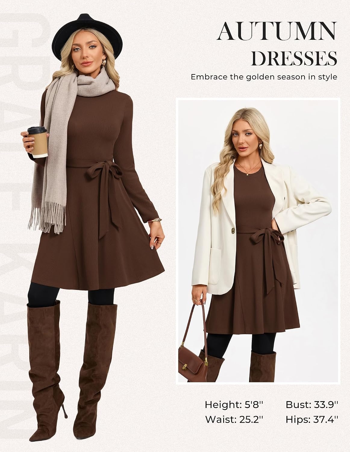 image:imageGRACE KARIN Womens 2026 Fall Long Sleeve Ribbed Mini Dresses with Belt Sweater Dresses For WinterBusiness Casual WorkTeacher OutfitsAlineShort LengthCrew NeckStretchy Soft KnitCoffee
