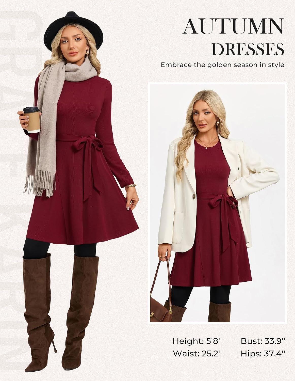 image:imageGRACE KARIN Womens 2026 Fall Long Sleeve Ribbed Mini Dresses with Belt Sweater Dresses For WinterBusiness Casual WorkTeacher OutfitsAlineShort LengthCrew NeckStretchy Soft KnitWine