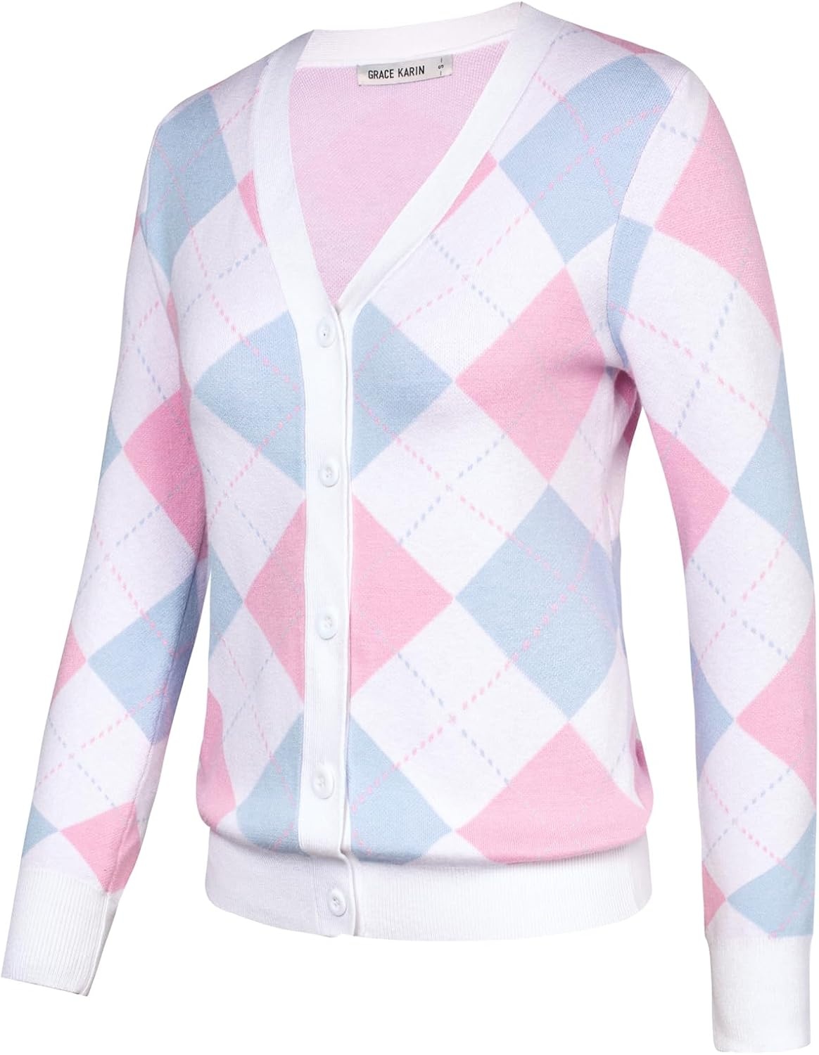 image:imageGRACE KARIN Womens Cardigan Sweater Fall Fashion Argyle Sweater Button Up Cardigan Teacher Outfits Preppy ClothesLight Blue Pink