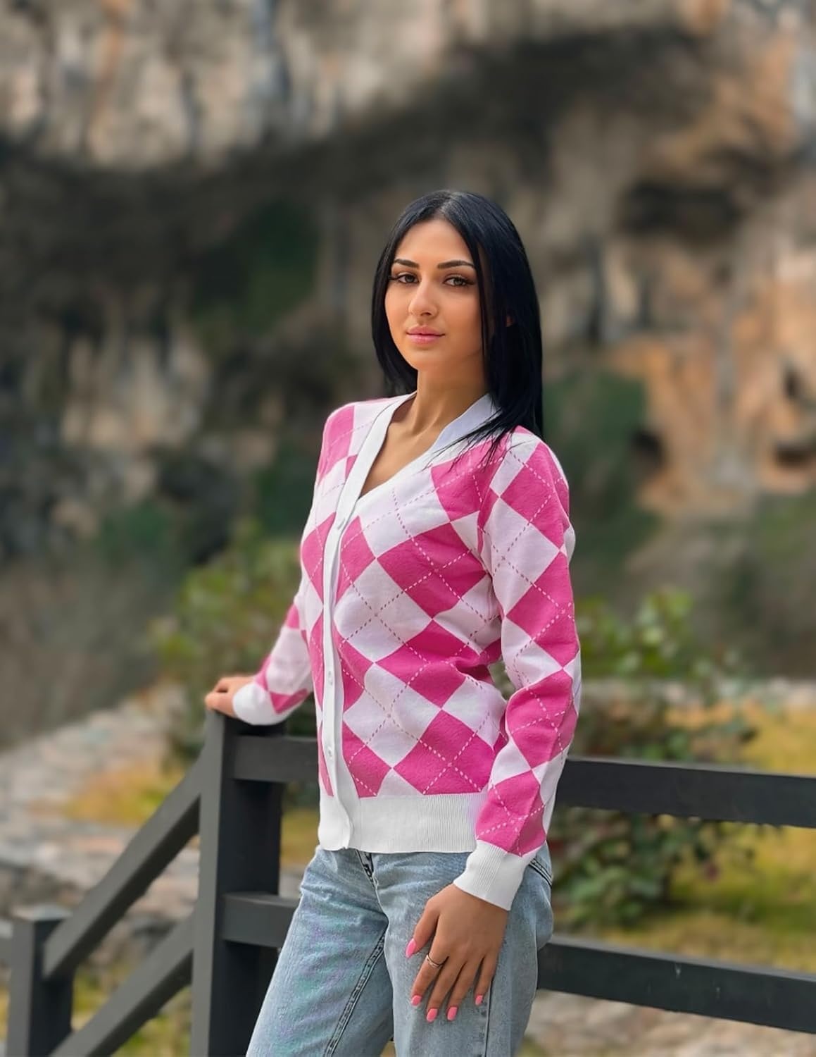image:imageGRACE KARIN Womens Cardigan Sweater Fall Fashion Argyle Sweater Button Up Cardigan Teacher Outfits Preppy ClothesPink White