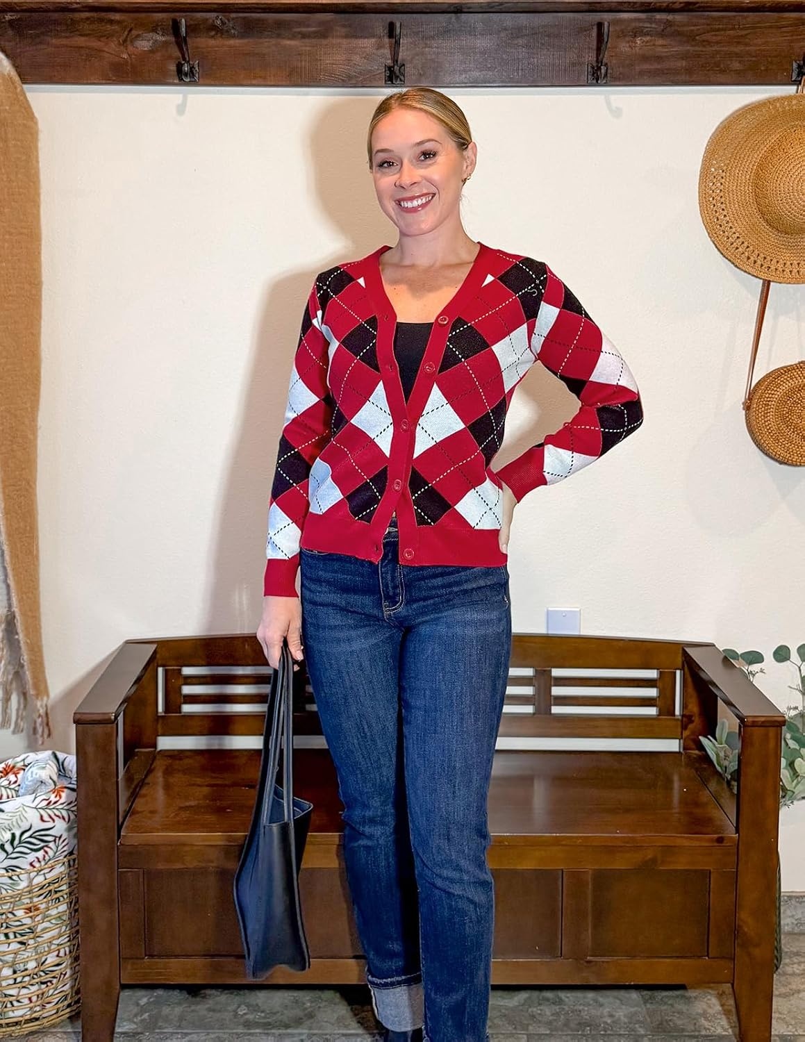 image:imageGRACE KARIN Womens Cardigan Sweater Fall Fashion Argyle Sweater Button Up Cardigan Teacher Outfits Preppy ClothesPlaid Deep Red
