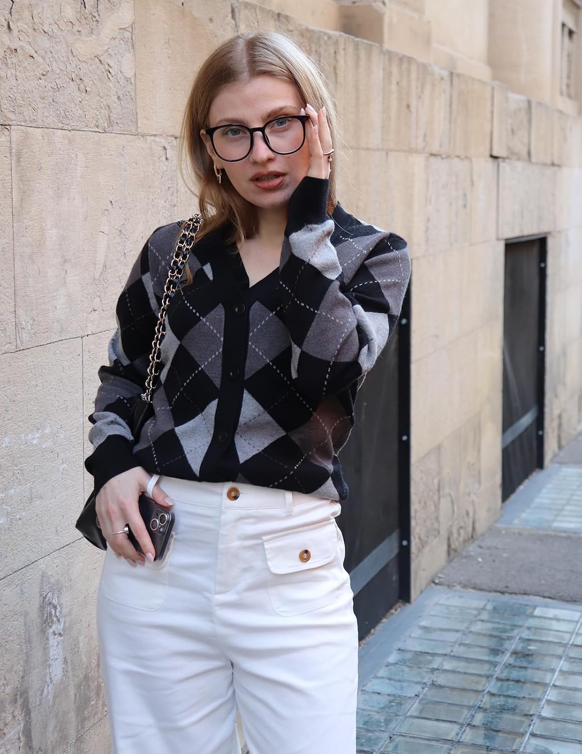 image:imageGRACE KARIN Womens Cardigan Sweater Fall Fashion Argyle Sweater Button Up Cardigan Teacher Outfits Preppy ClothesPlaid Gray Black