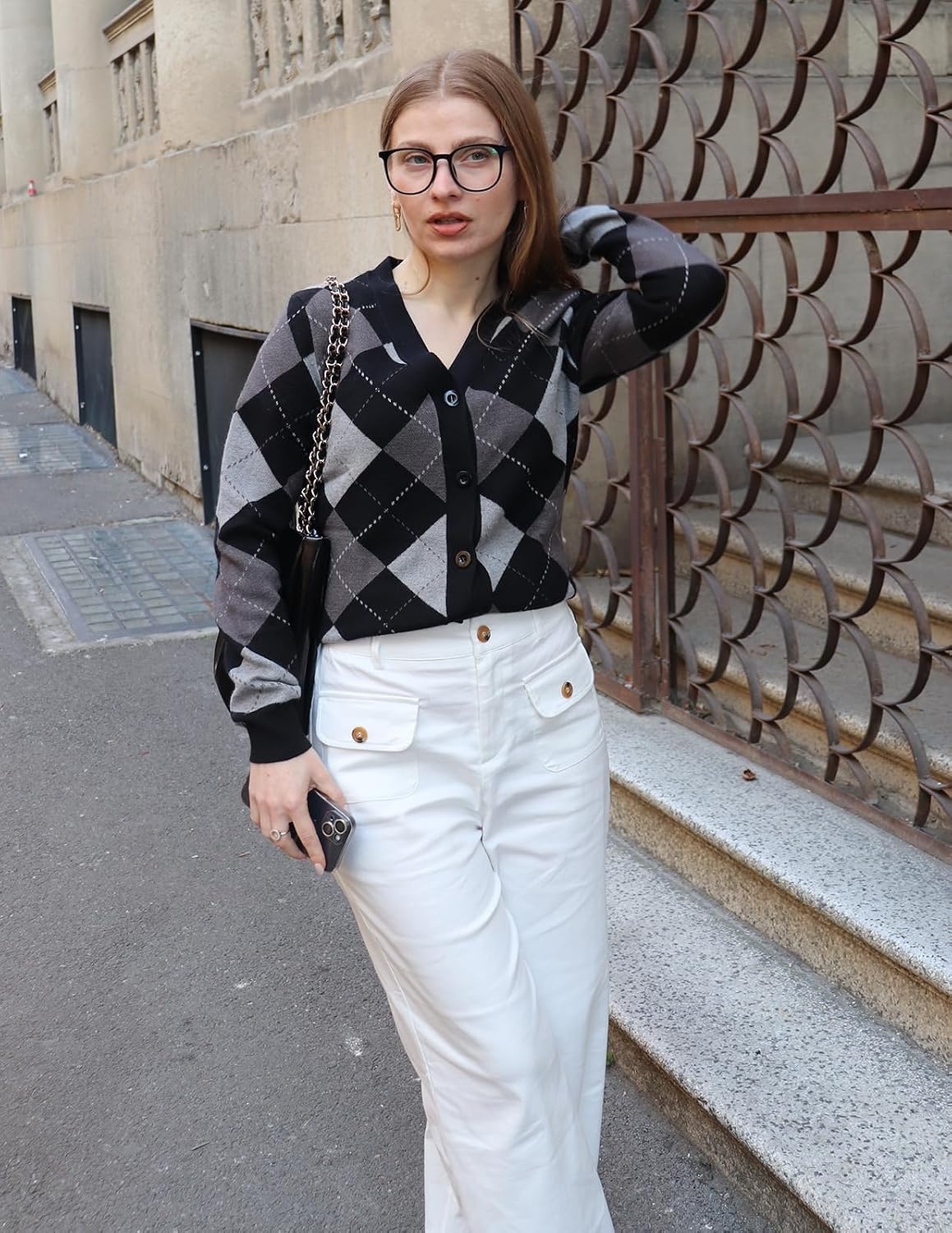 image:imageGRACE KARIN Womens Cardigan Sweater Fall Fashion Argyle Sweater Button Up Cardigan Teacher Outfits Preppy ClothesPlaid Gray Black