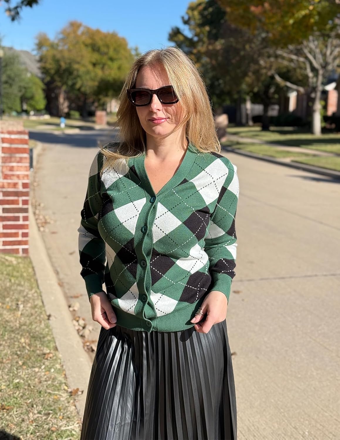 image:imageGRACE KARIN Womens Cardigan Sweater Fall Fashion Argyle Sweater Button Up Cardigan Teacher Outfits Preppy ClothesPlaid Green White