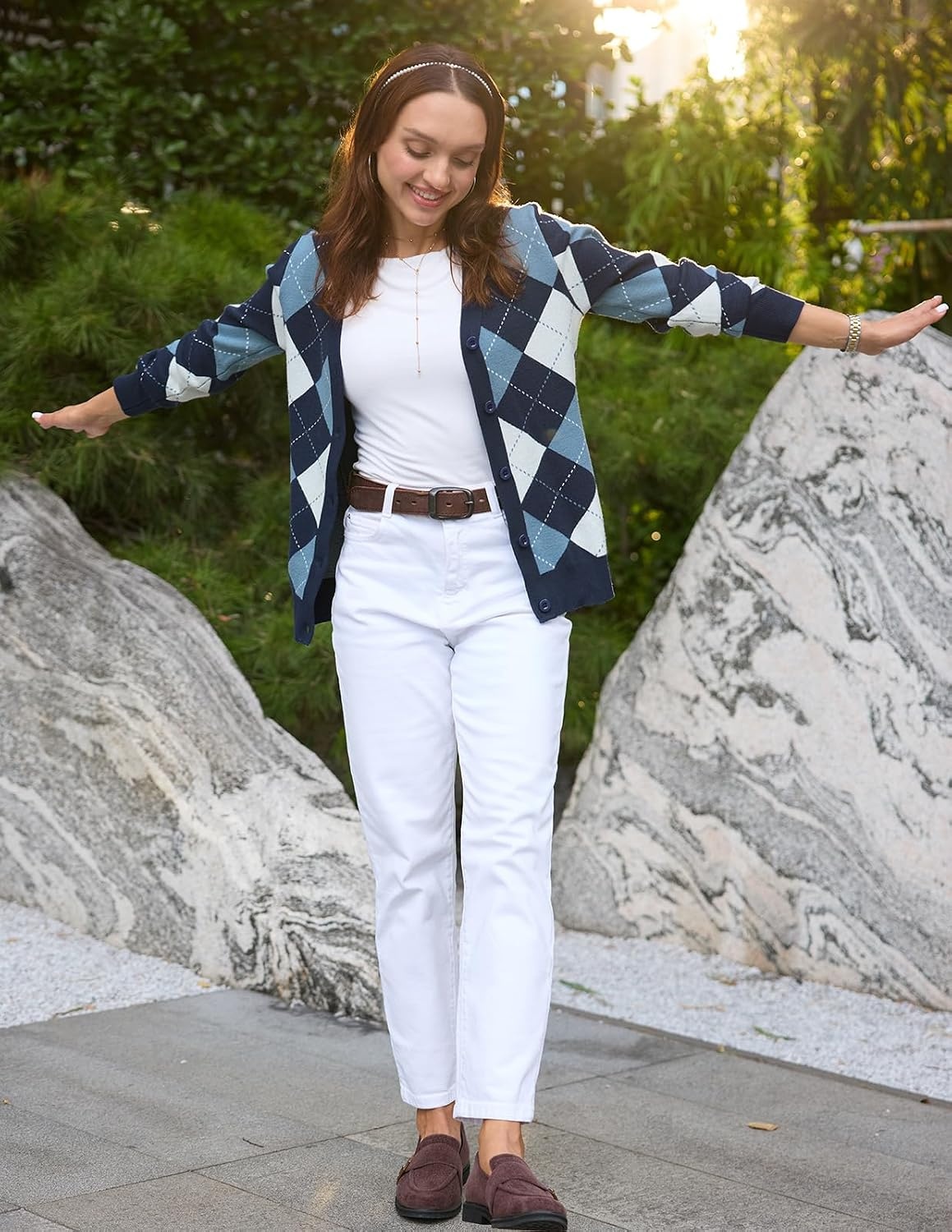 image:imageGRACE KARIN Womens Cardigan Sweater Fall Fashion Argyle Sweater Button Up Cardigan Teacher Outfits Preppy ClothesPlaid Light Blue