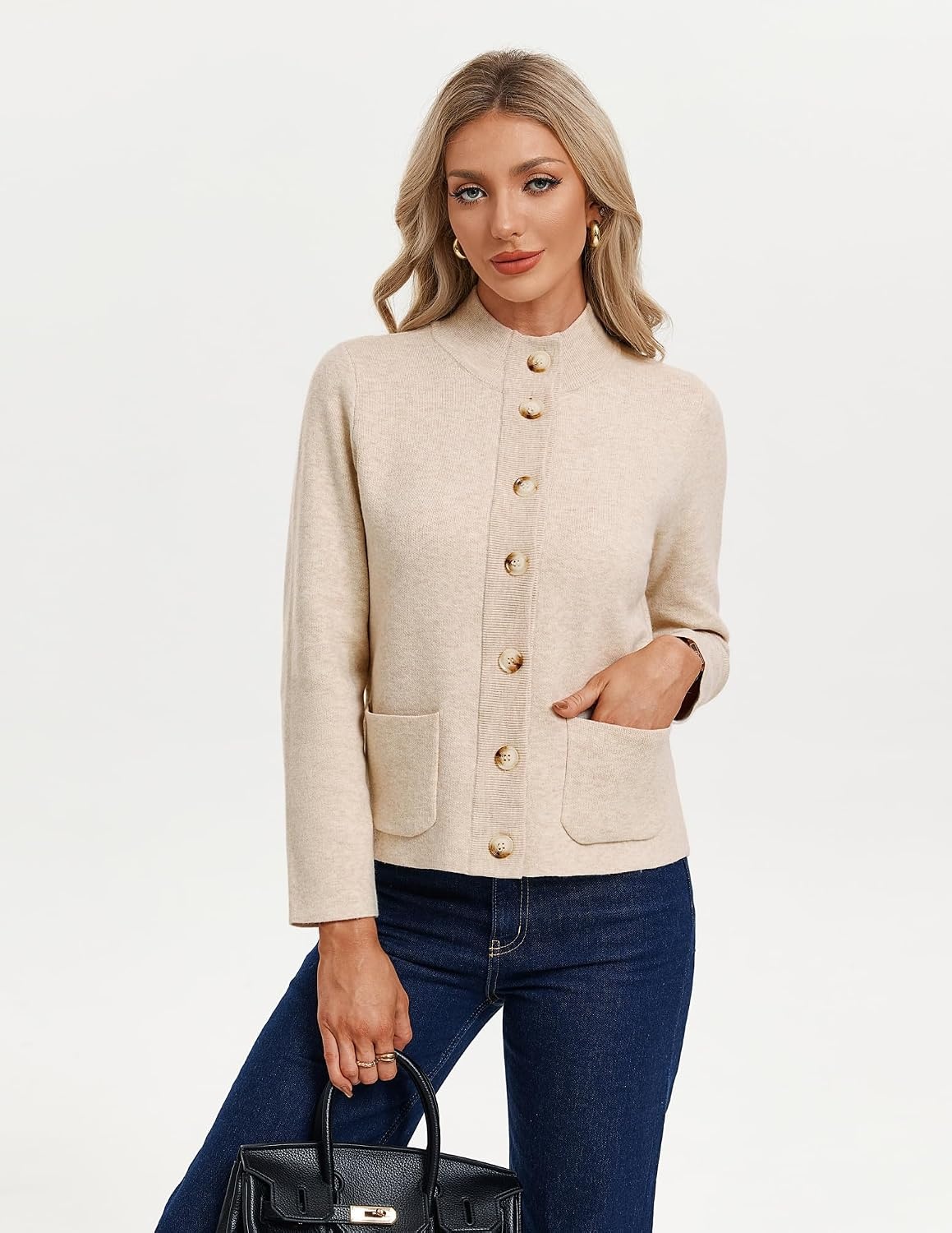 image:imageGRACE KARIN Womens Fall Chunky Knit Cardigan Sweaters Button Down Mock Neck Trendy Jacket Winter Warm Outerwear with PocketsBeige