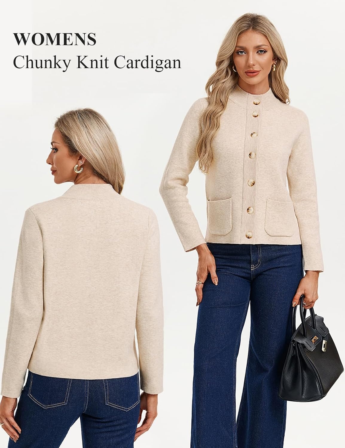 image:imageGRACE KARIN Womens Fall Chunky Knit Cardigan Sweaters Button Down Mock Neck Trendy Jacket Winter Warm Outerwear with PocketsBeige