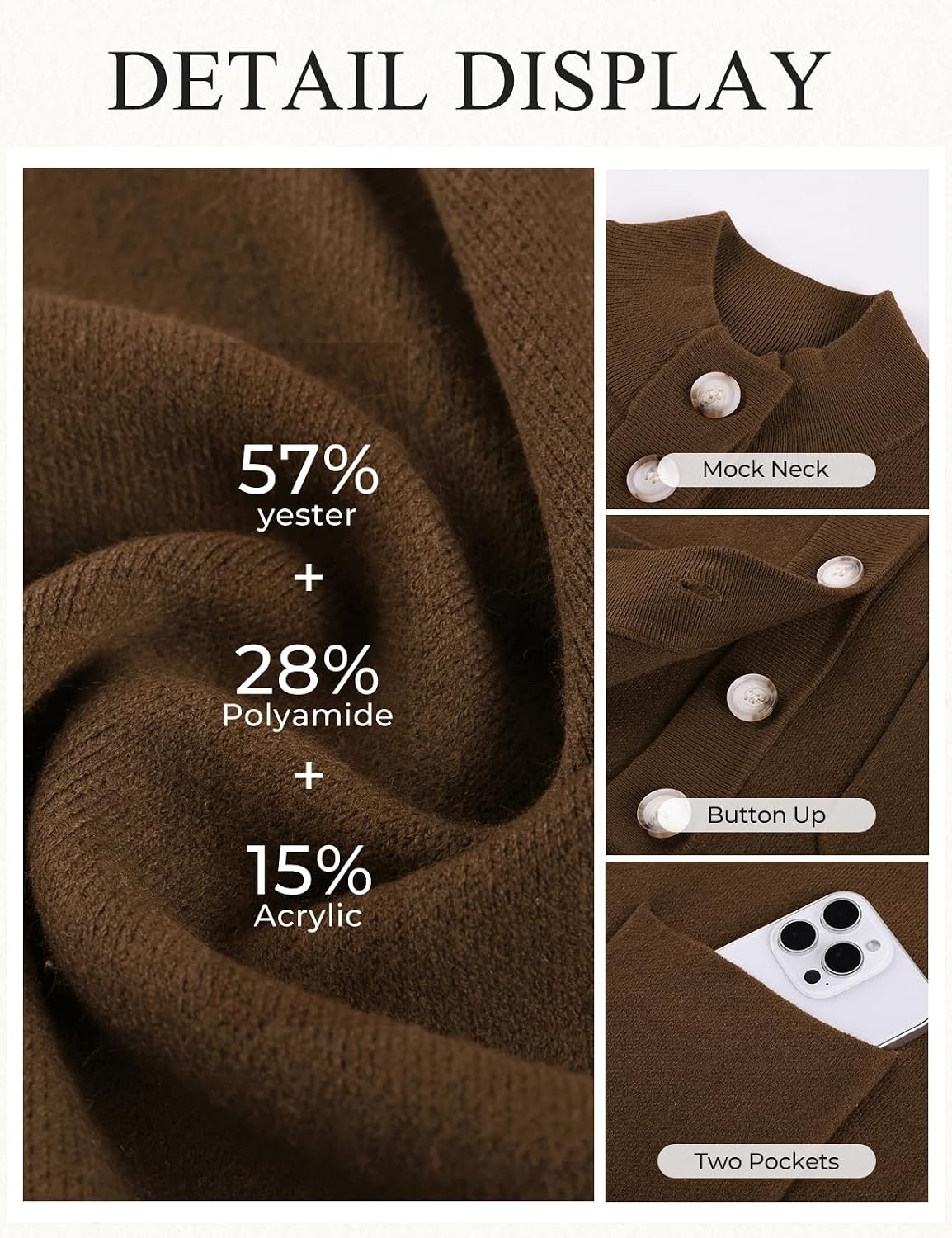 image:imageGRACE KARIN Womens Fall Chunky Knit Cardigan Sweaters Button Down Mock Neck Trendy Jacket Winter Warm Outerwear with PocketsDark Brown