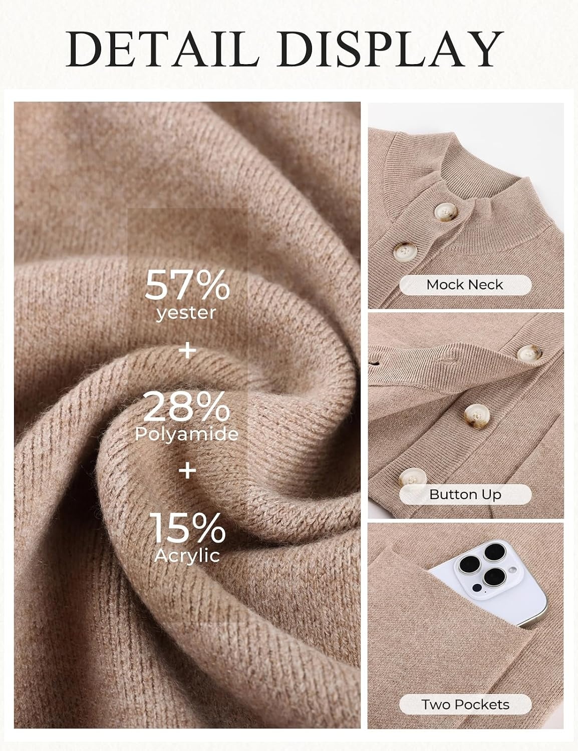 image:imageGRACE KARIN Womens Fall Chunky Knit Cardigan Sweaters Button Down Mock Neck Trendy Jacket Winter Warm Outerwear with PocketsKhaki