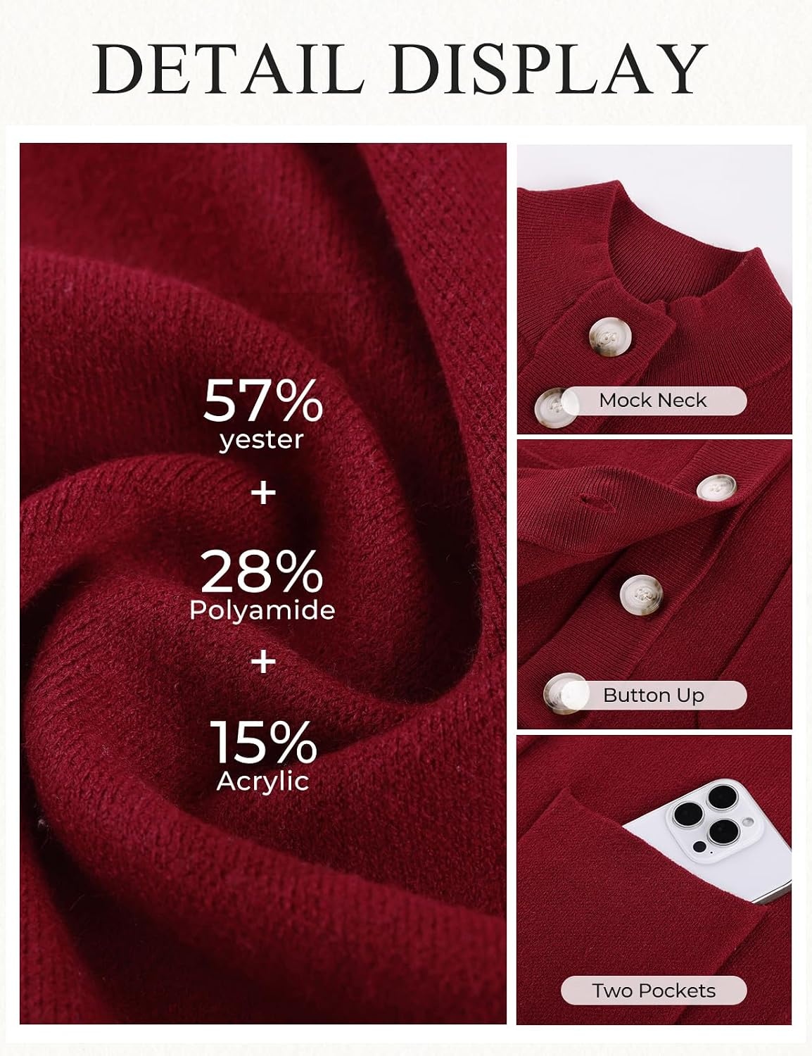 image:imageGRACE KARIN Womens Fall Chunky Knit Cardigan Sweaters Button Down Mock Neck Trendy Jacket Winter Warm Outerwear with PocketsWine Red