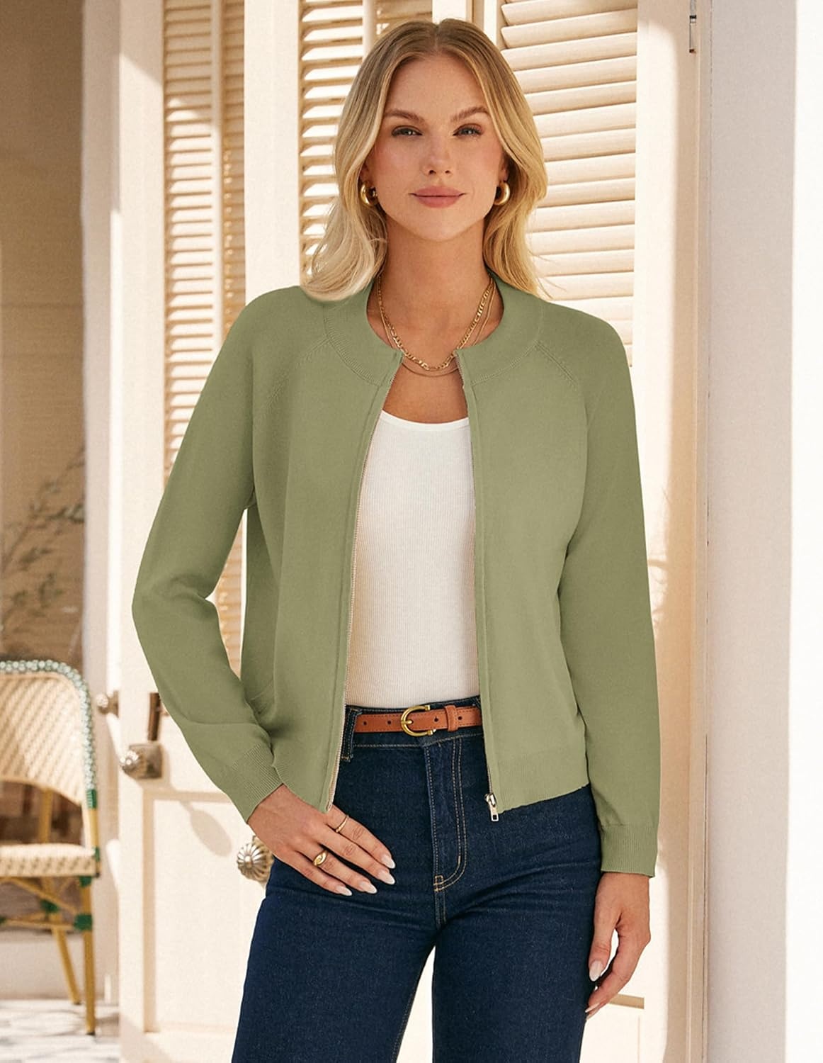 image:imageGRACE KARIN Womens Long Sleeve Zip Up Cardigan Sweaters Lightweight Sweater Jacket Knitted Fashion ClothesLight Olive Green