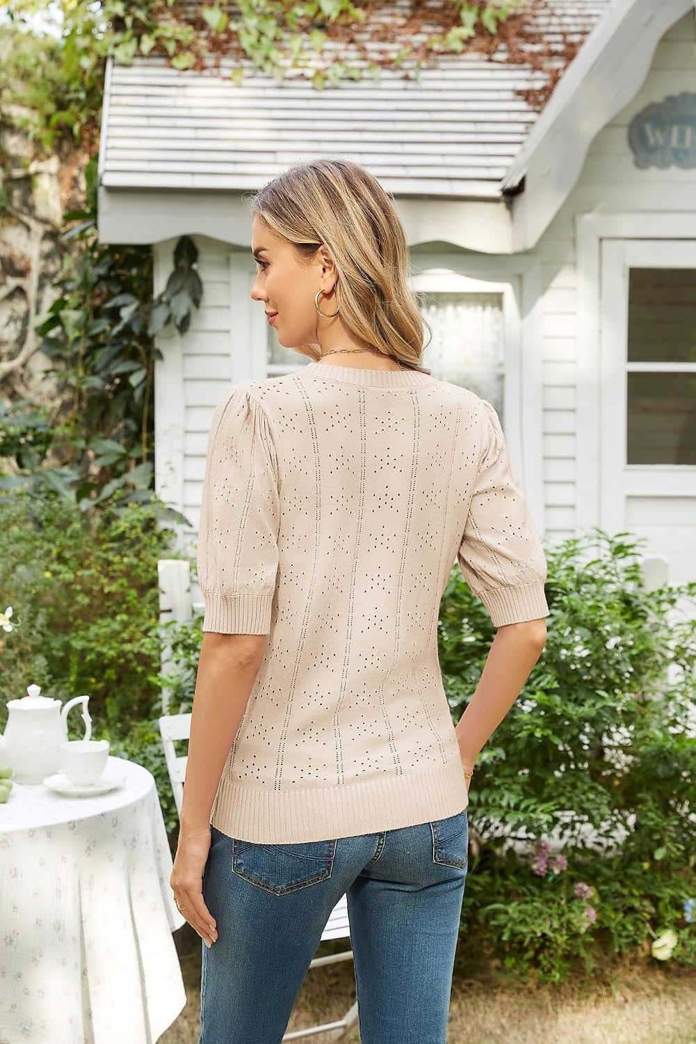 image:imageGRACE KARIN Womens Puff Short Sleeve Crew Neck Knit Tops BlouseCrochetThinPulloversweaterCuteDressySuitable for CasualDatingVacationDinnerPartyClubShoppingApricot