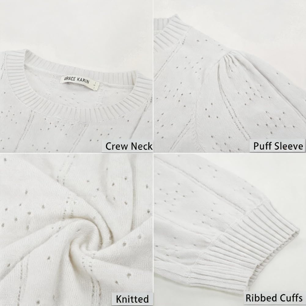 image:imageGRACE KARIN Womens Puff Short Sleeve Crew Neck Knit Tops BlouseCrochetThinPulloversweaterCuteDressySuitable for CasualDatingVacationDinnerPartyClubShoppingBright White
