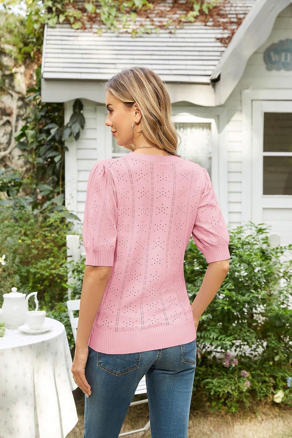 image:imageGRACE KARIN Womens Puff Short Sleeve Crew Neck Knit Tops BlouseCrochetThinPulloversweaterCuteDressySuitable for CasualDatingVacationDinnerPartyClubShoppingPink
