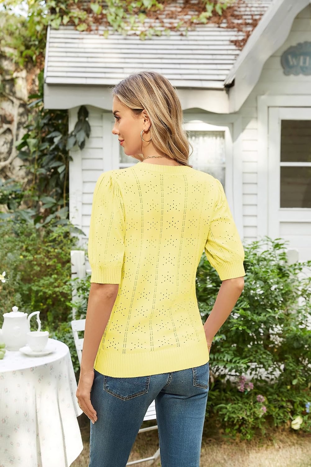 image:imageGRACE KARIN Womens Puff Short Sleeve Crew Neck Knit Tops BlouseCrochetThinPulloversweaterCuteDressySuitable for CasualDatingVacationDinnerPartyClubShoppingBright Yellow