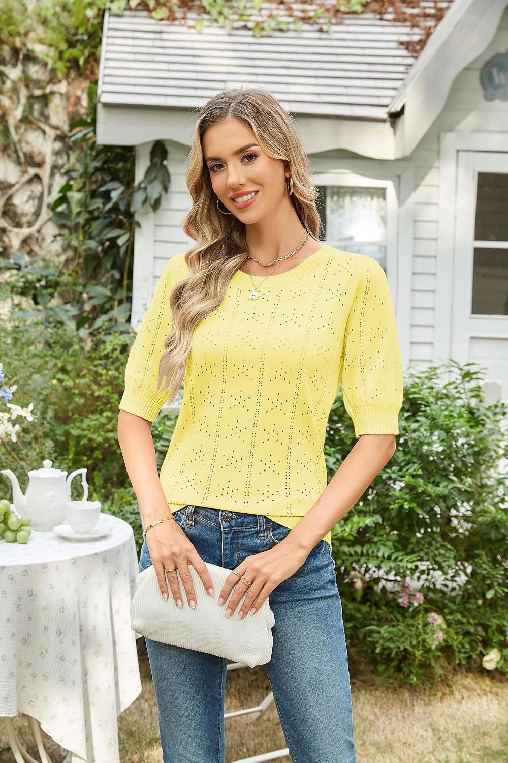 image:imageGRACE KARIN Womens Puff Short Sleeve Crew Neck Knit Tops BlouseCrochetThinPulloversweaterCuteDressySuitable for CasualDatingVacationDinnerPartyClubShoppingBright Yellow