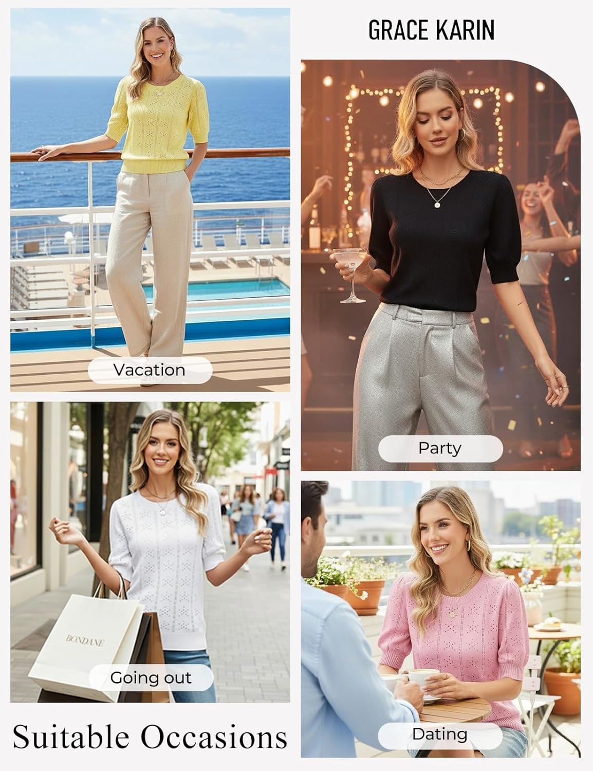 image:imageGRACE KARIN Womens Puff Short Sleeve Crew Neck Knit Tops BlouseCrochetThinPulloversweaterCuteDressySuitable for CasualDatingVacationDinnerPartyClubShoppingPurple