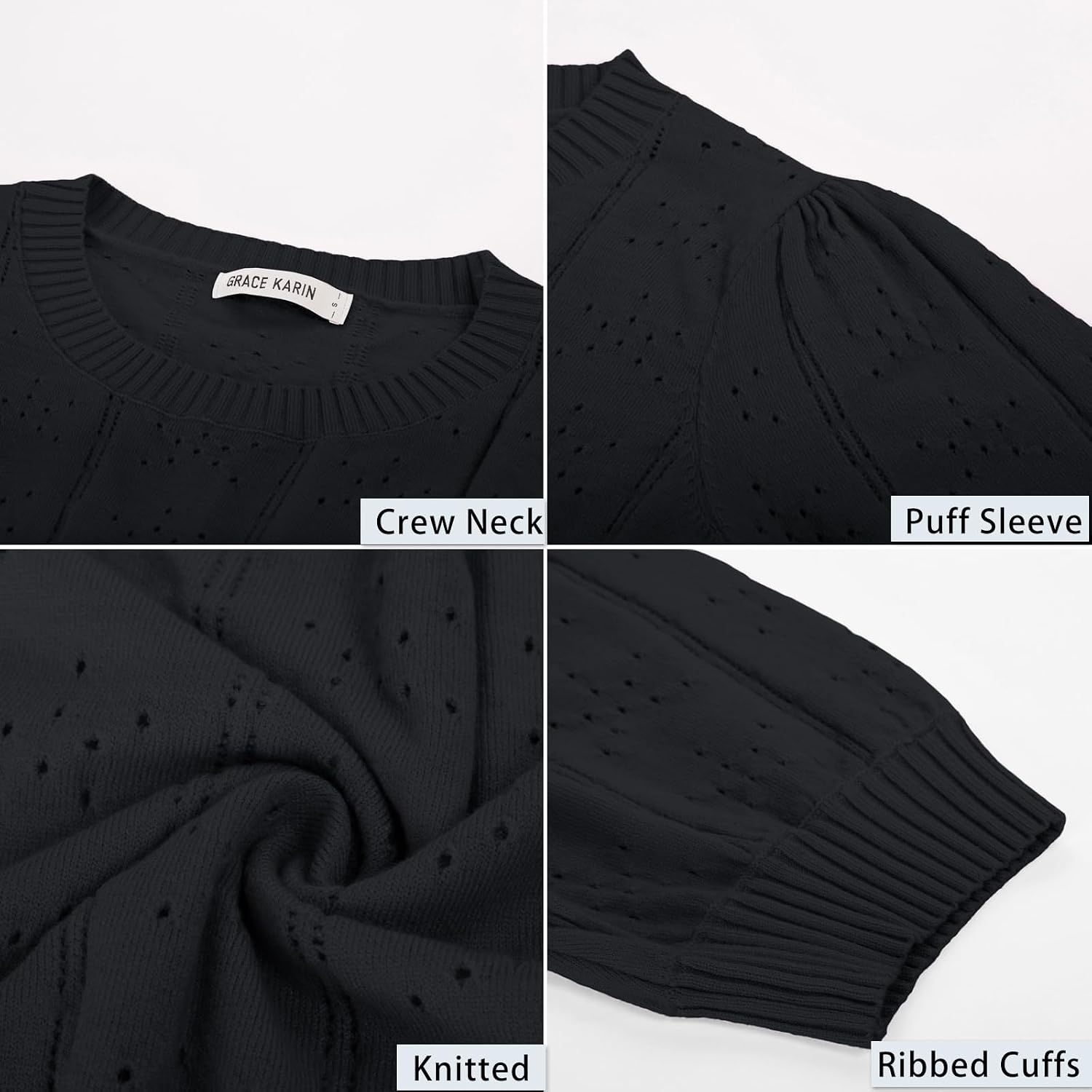 image:imageGRACE KARIN Womens Puff Short Sleeve Crew Neck Knit Tops BlouseCrochetThinPulloversweaterCuteDressySuitable for CasualDatingVacationDinnerPartyClubShoppingDark Black