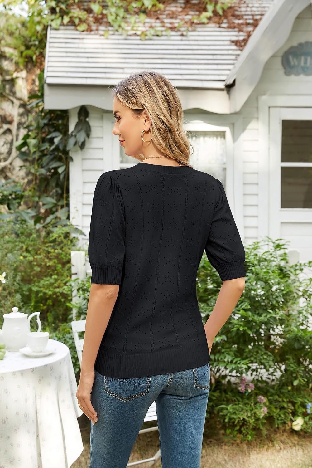 image:imageGRACE KARIN Womens Puff Short Sleeve Crew Neck Knit Tops BlouseCrochetThinPulloversweaterCuteDressySuitable for CasualDatingVacationDinnerPartyClubShoppingDark Black